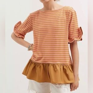 Anthropologie Striped Orange and White Peplum Top